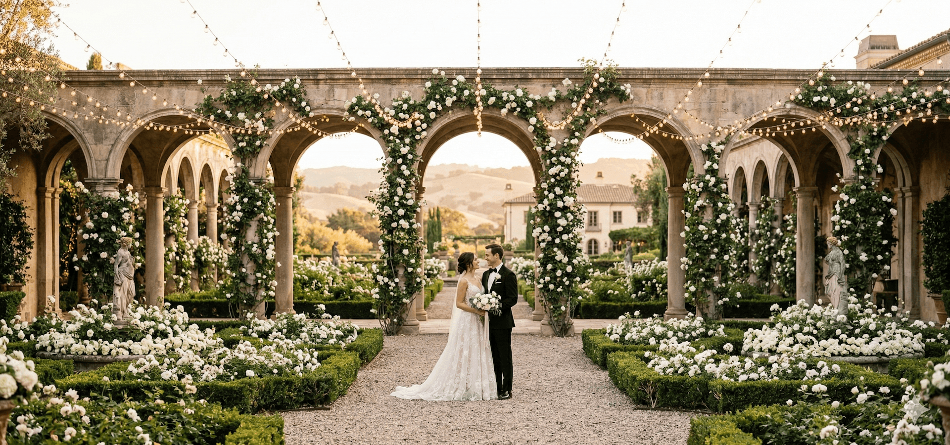 Elegant couple at a garden wedding venue