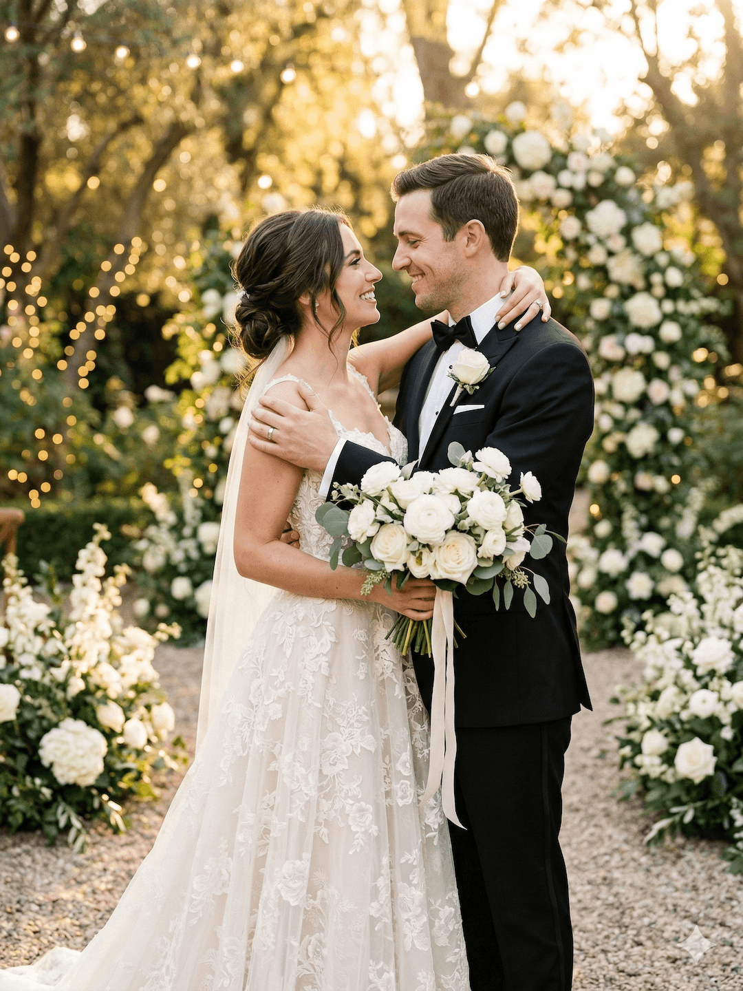 Elegant couple at a garden wedding venue
